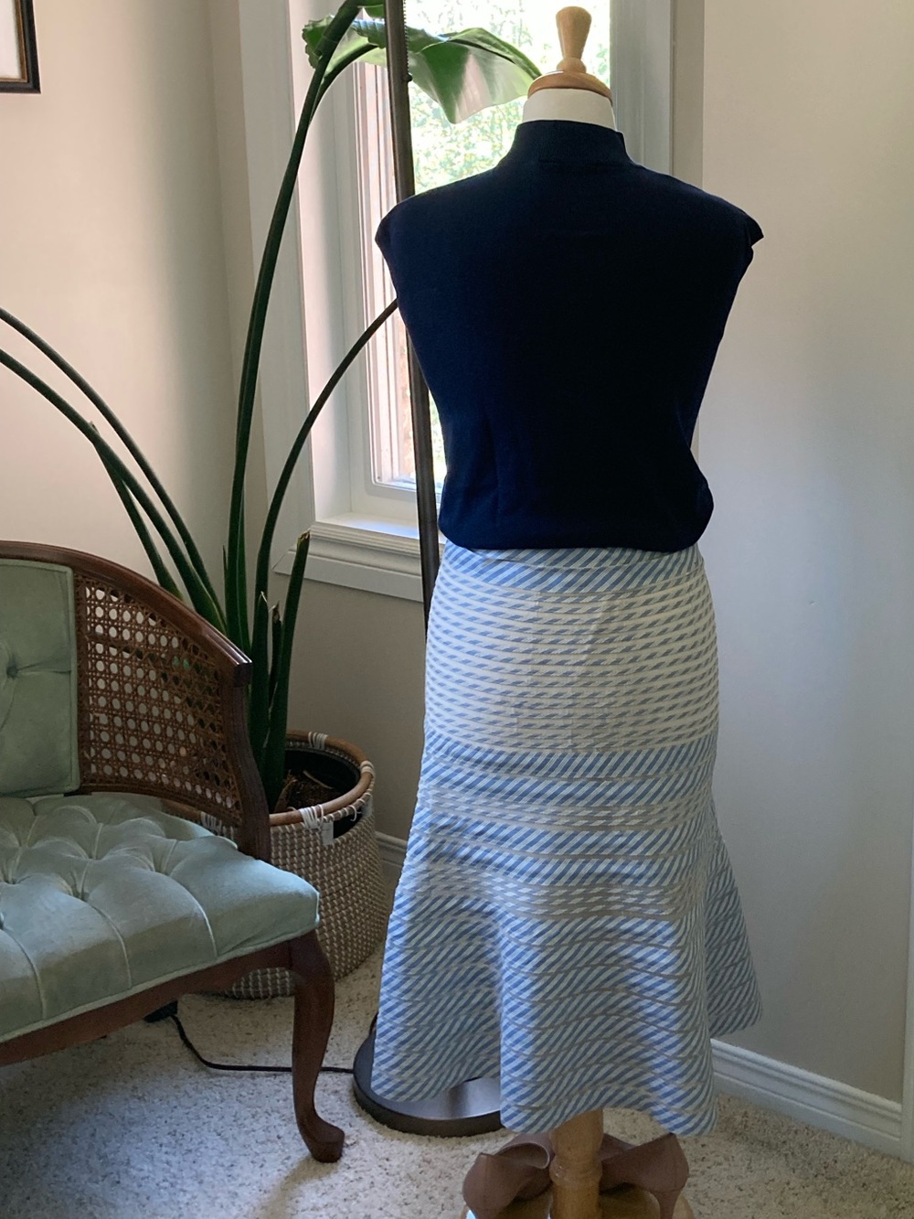 Ralph Lauren Purple Label, tea-length, blue and white striped skirt